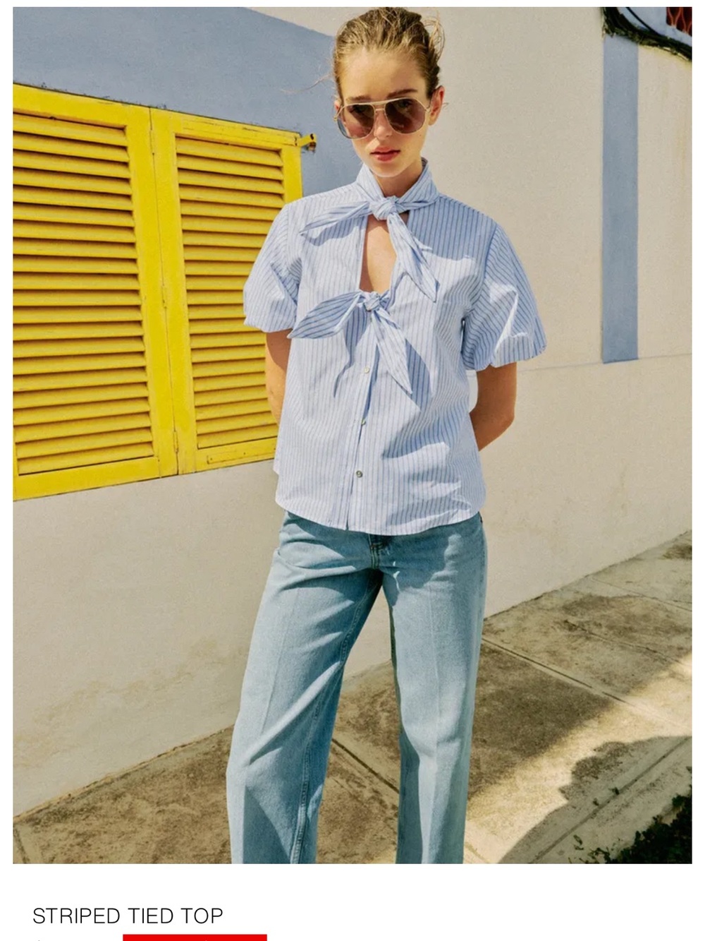 Zara Light Blue Striped Tie-Neck Blouse